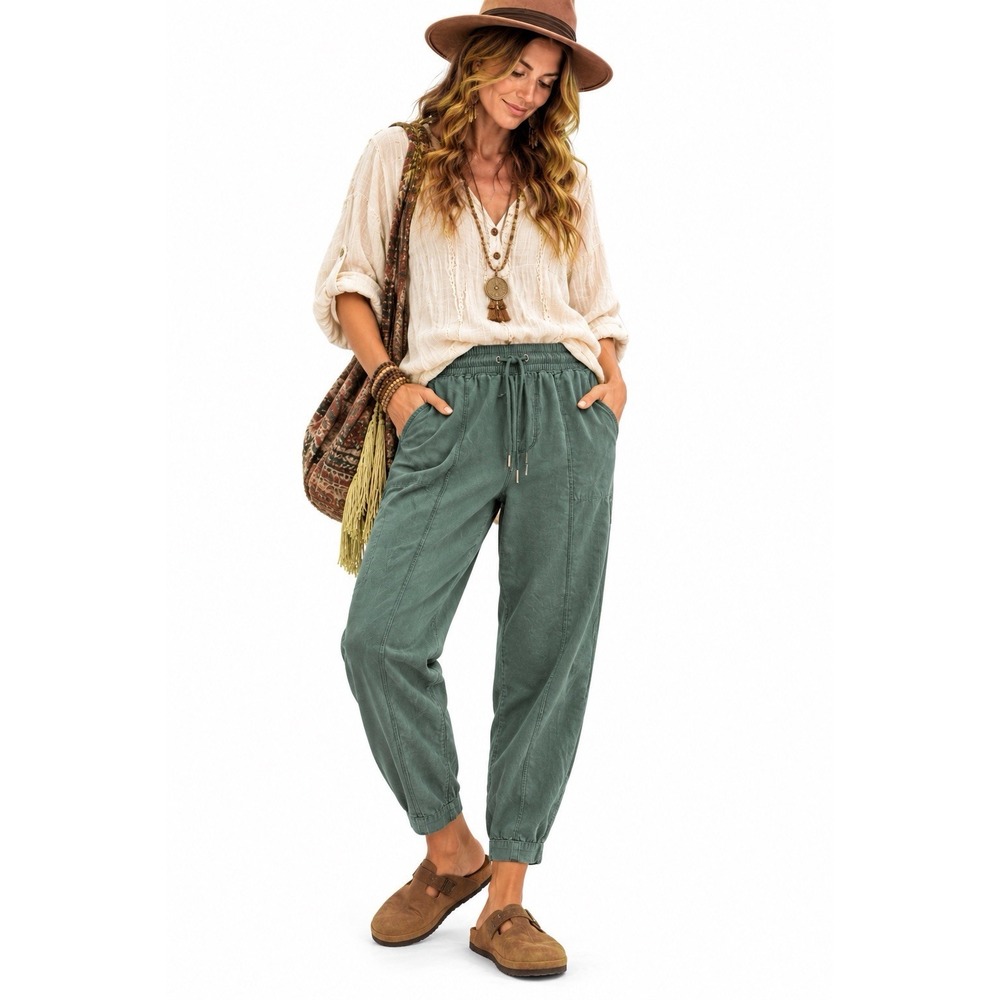 Garnet Hill 100% Cotton Relaxed Jogger Pants XL Green Lounge Boho Lagenlook
